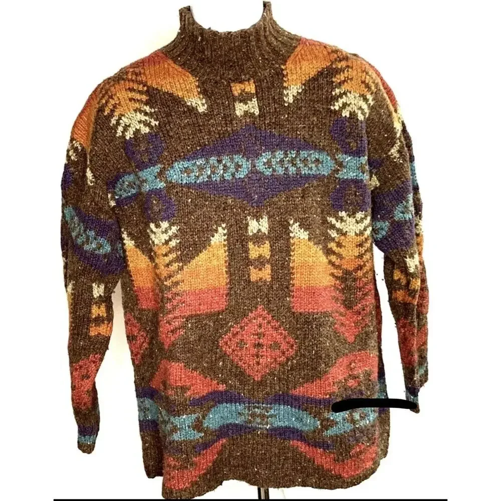 Ralph Lauren hand knit silk wool blend Brown Navajo Aztec Southwestern sweater M